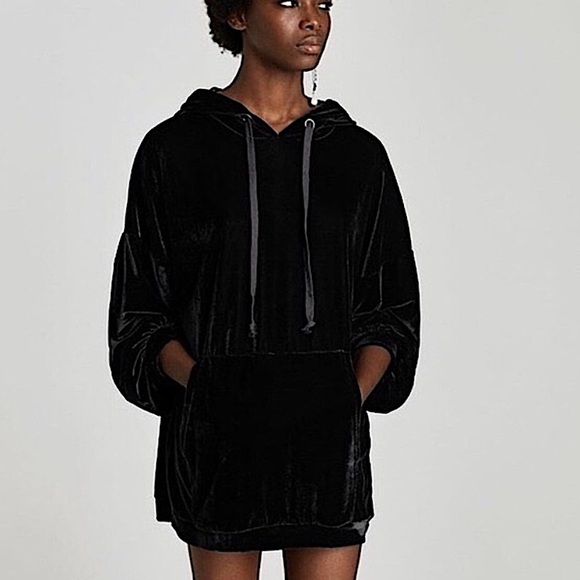ZARA🖤black velour velvety soft super oversized pullover hoodie sweater - Picture 1 of 13